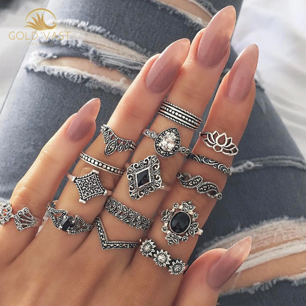 

Retro joint ring set personality hollow lotus sunflower Ring set in stainless steel jewelry anillos anillos de plata cincin, Gold color