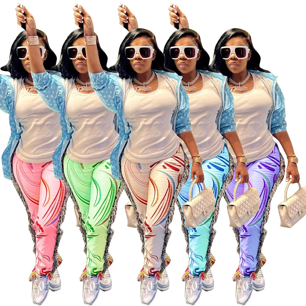 

DUODUOCOLOR Summer 2021 new style individuality fashion sports color printed womens pants tassel casual trouser D10539