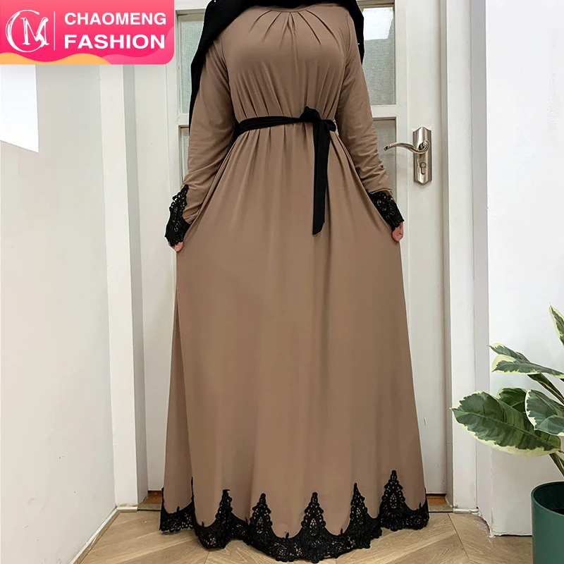 

2022# Black Lace Dress Abaya Islamic Long Sleeve Embroidered Front Pleated Dresses Muslim Turkey Fashion, Brown, wine red