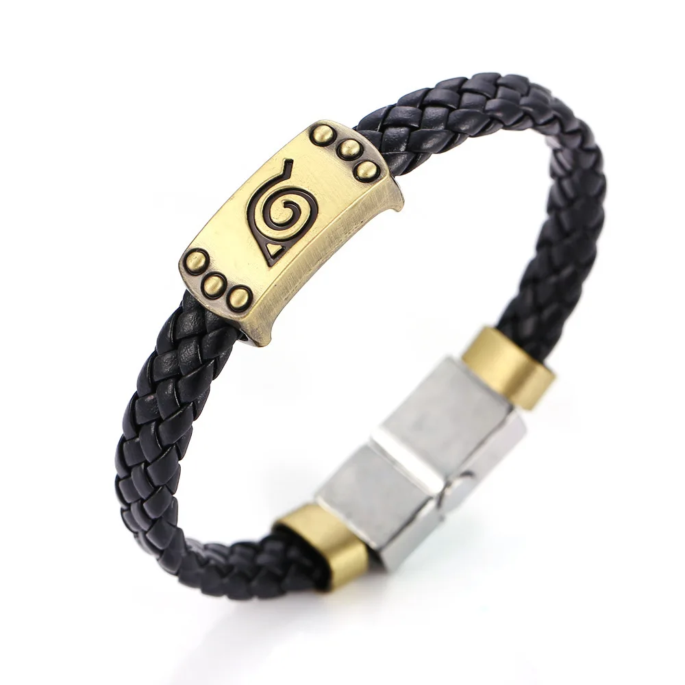 

PU Leather Anime Antique Naruto Brass Black Bangle Leather Boy Hand knitting Naruto Jewelry Bracelet, As picture