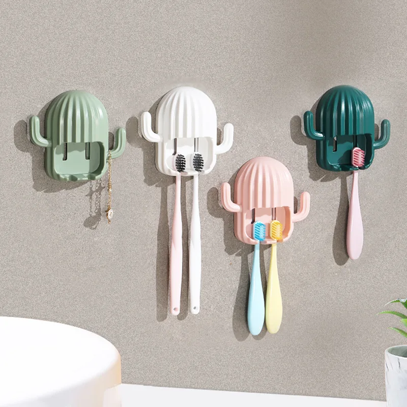 

110cm Creative Toothbrush Holder Wall Mounted Cartoon Cactus Shelf No Drilling Bathroom Storage Hook, White,pink, green