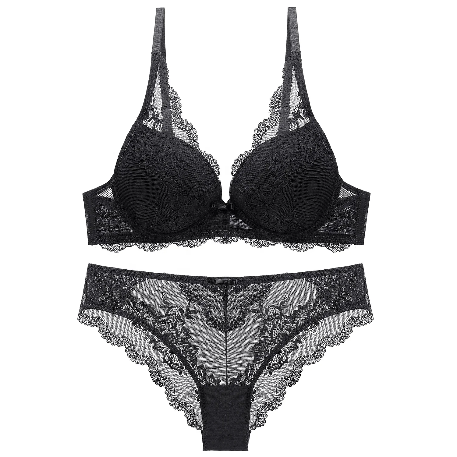 

Women Lace Bra Set Push Up Lingerie Sexy Bra Transparent Bra Panties Bralette Intimate Female Underwear, Black/wine red/green