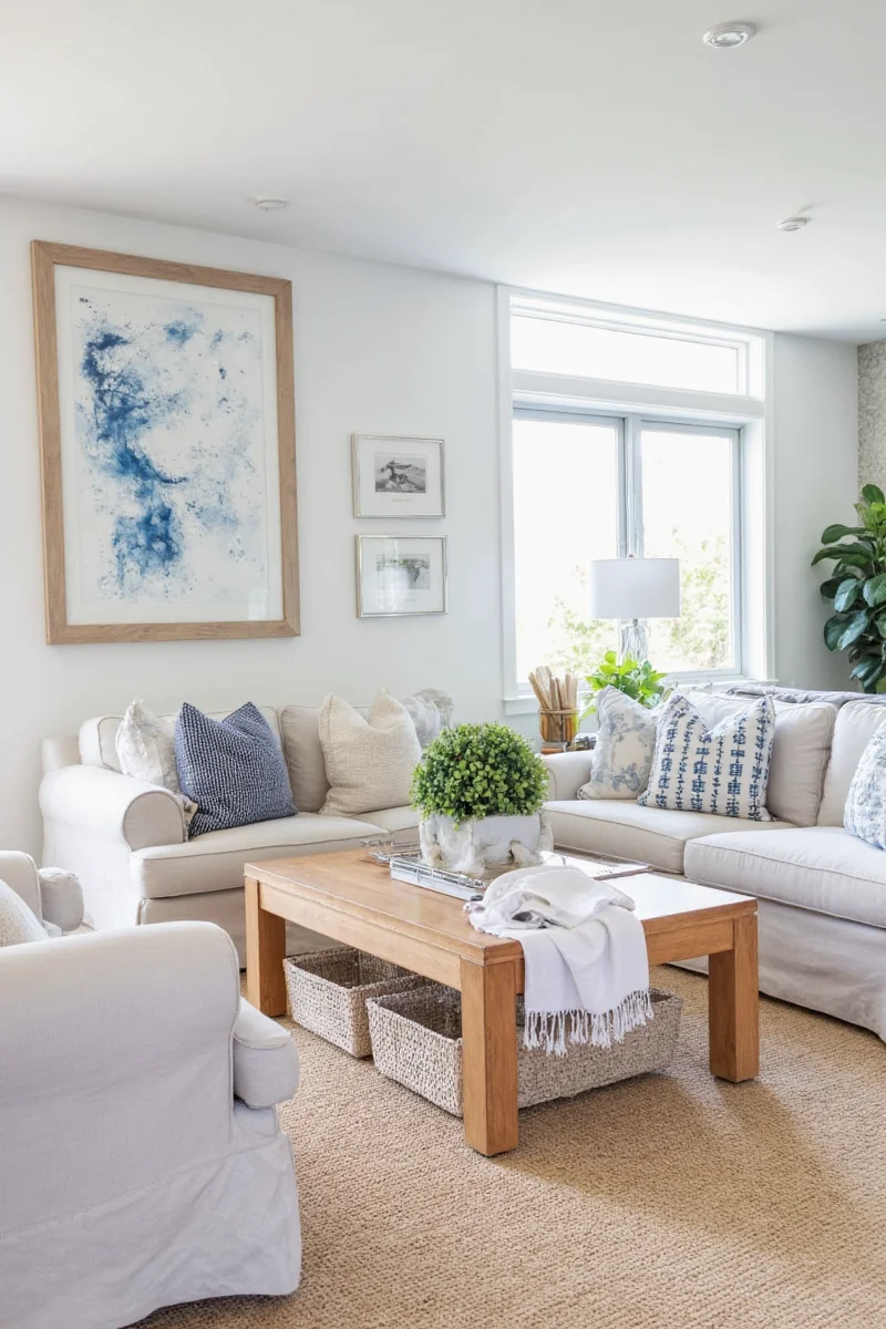 Dining area with rustic table, bench seating, and coastal-themed centerpieces.