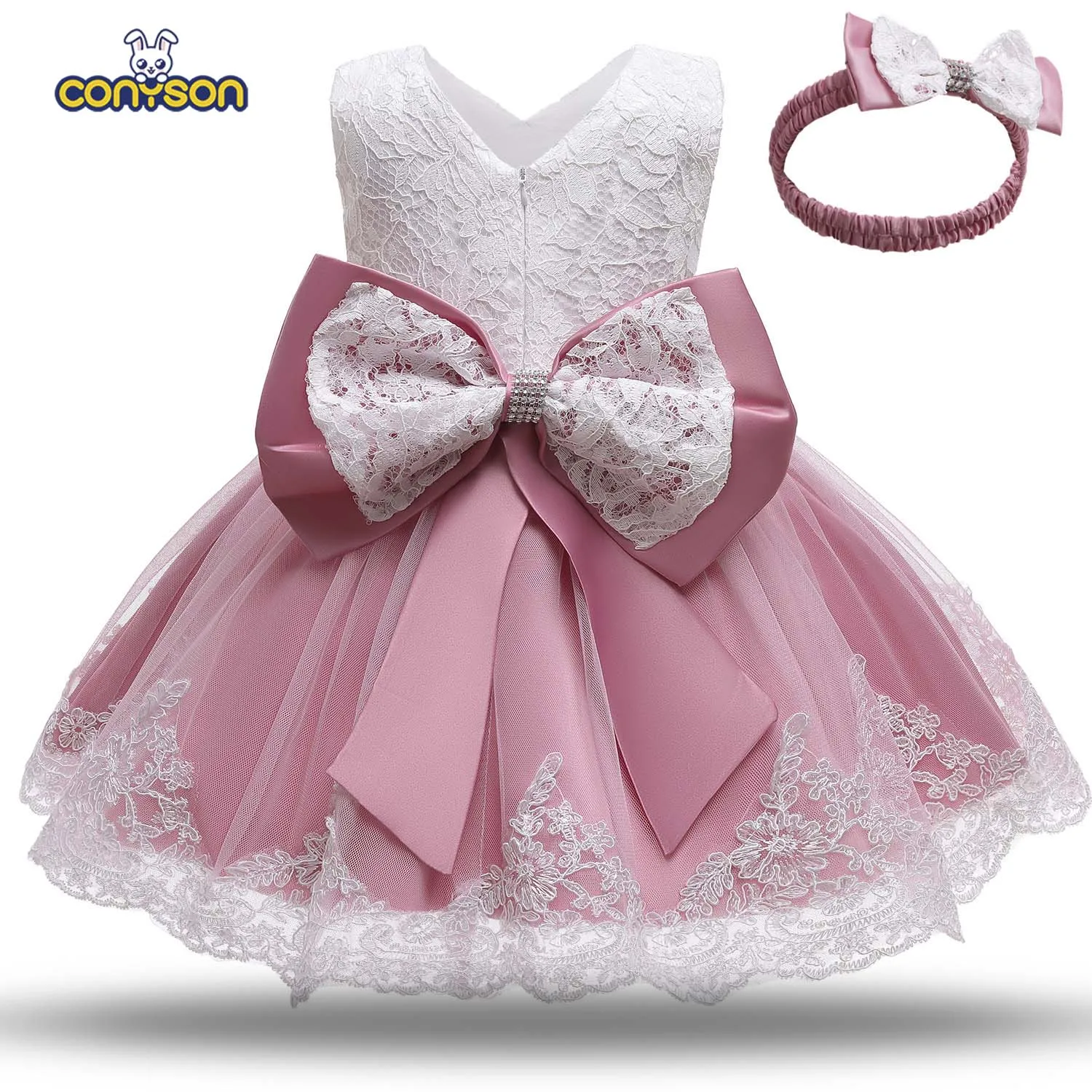 

Cute Kids Lace Dress Flower Girl Dresses For 1 Years Old Baby Girl Party Baptism Dress With Hair Band, Picture shows