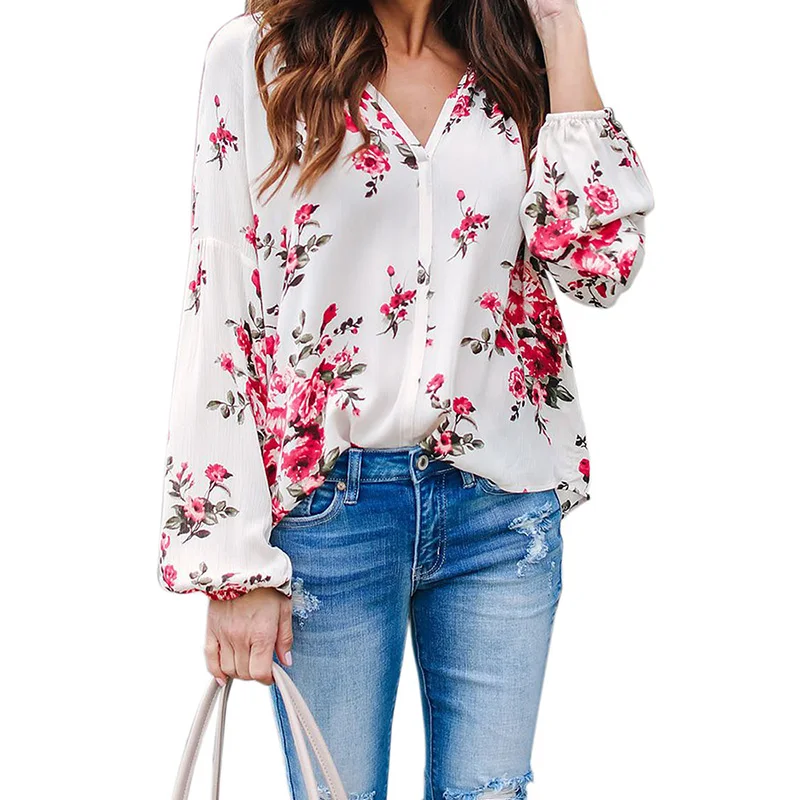 

New Look V Neck Ballon Long Sleeve Romantic floral Print shirt women