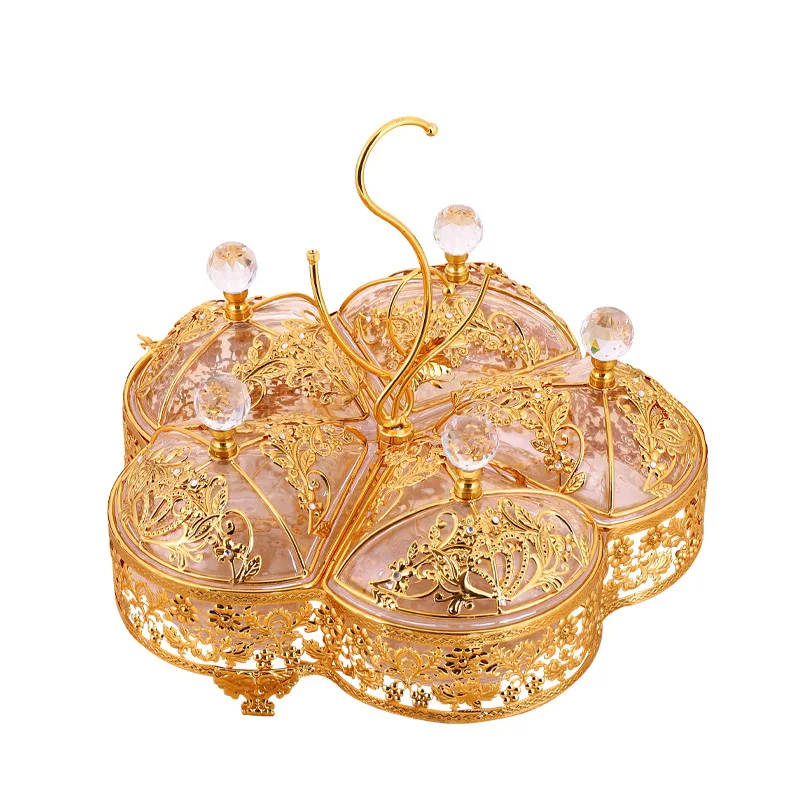 

QIAN HU European Style Gold Metal Crystal Dry Fruit Tray Turkish Candy Snack Plate with Lid
