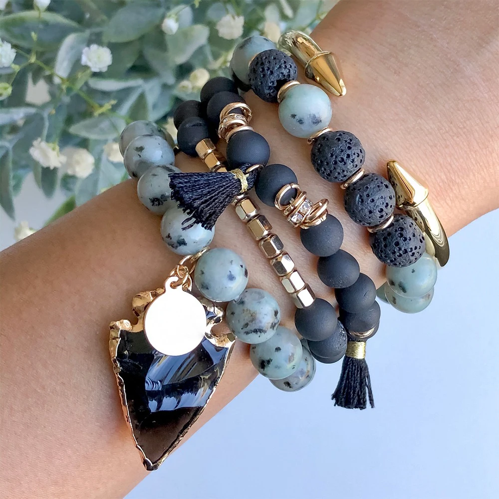 

Spring And Summer Style Real Gemstone Jewelry, Bohemia Natural Geode Stone Tassel Charm Stacking Bracelet For Stainless Steel