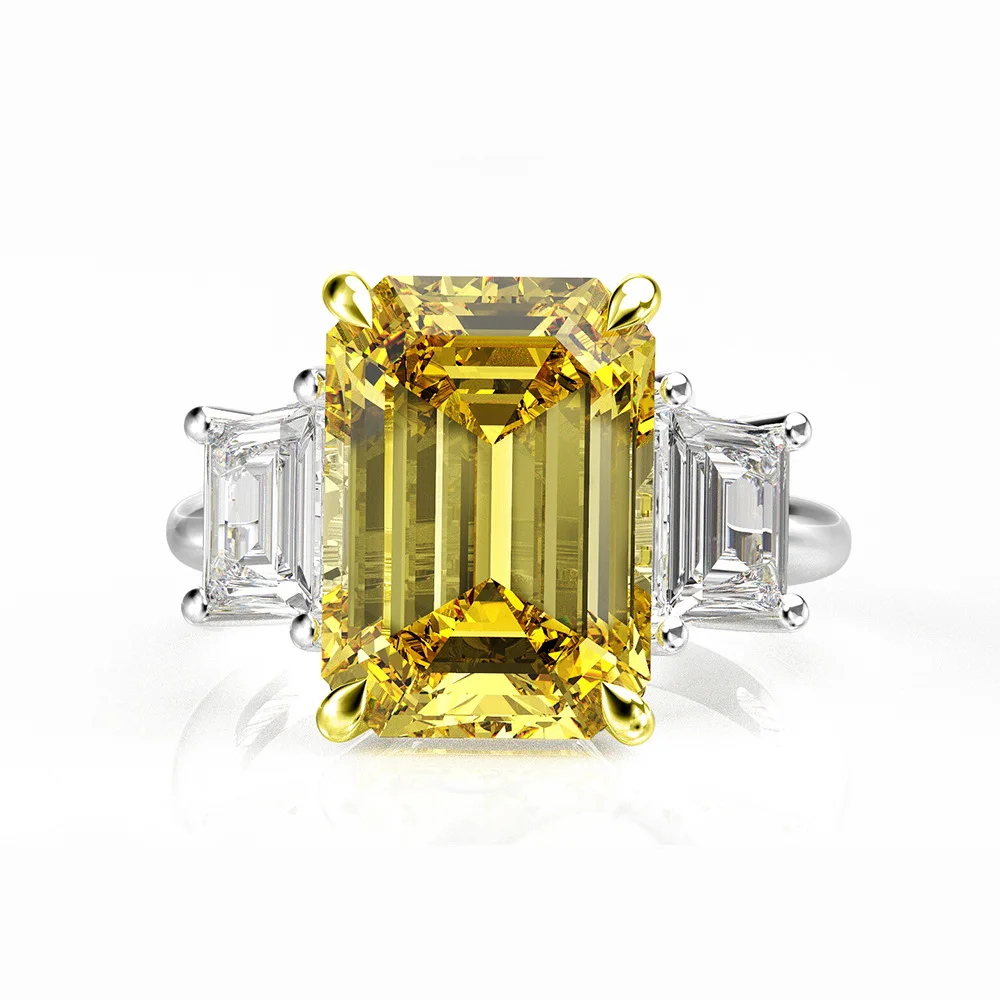 

10*14mm 14ct Emerald Cut Golden Yellow Zirconia Diamond 925 Silver Ring, Picture