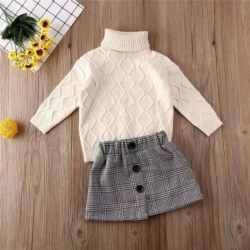 

Fashion Kids Baby Girl Winter Clothes Turtleneck Sweater Tops Mini Plaid Skirt 2Pcs Toddler Girls Warm Outfit Sets 1-6T, As picture