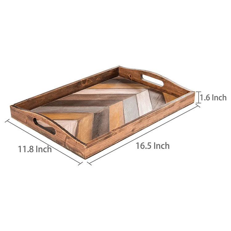 Amazon Hot Selling Rectangular Wood Breakfast Serving Tray with Cutout Handles