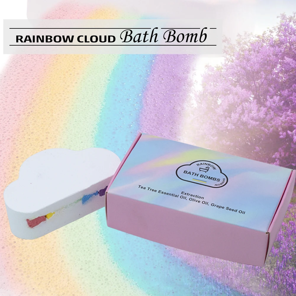 

Luxury Gift Box Rainbow Bath Bomb Fizzy Cloud Bath Salt Organic Material Hotel Spa Home Spa Pack of 1 185g MSDS/GMPC/ISO22716, Blue, white, pink, yellow, purple