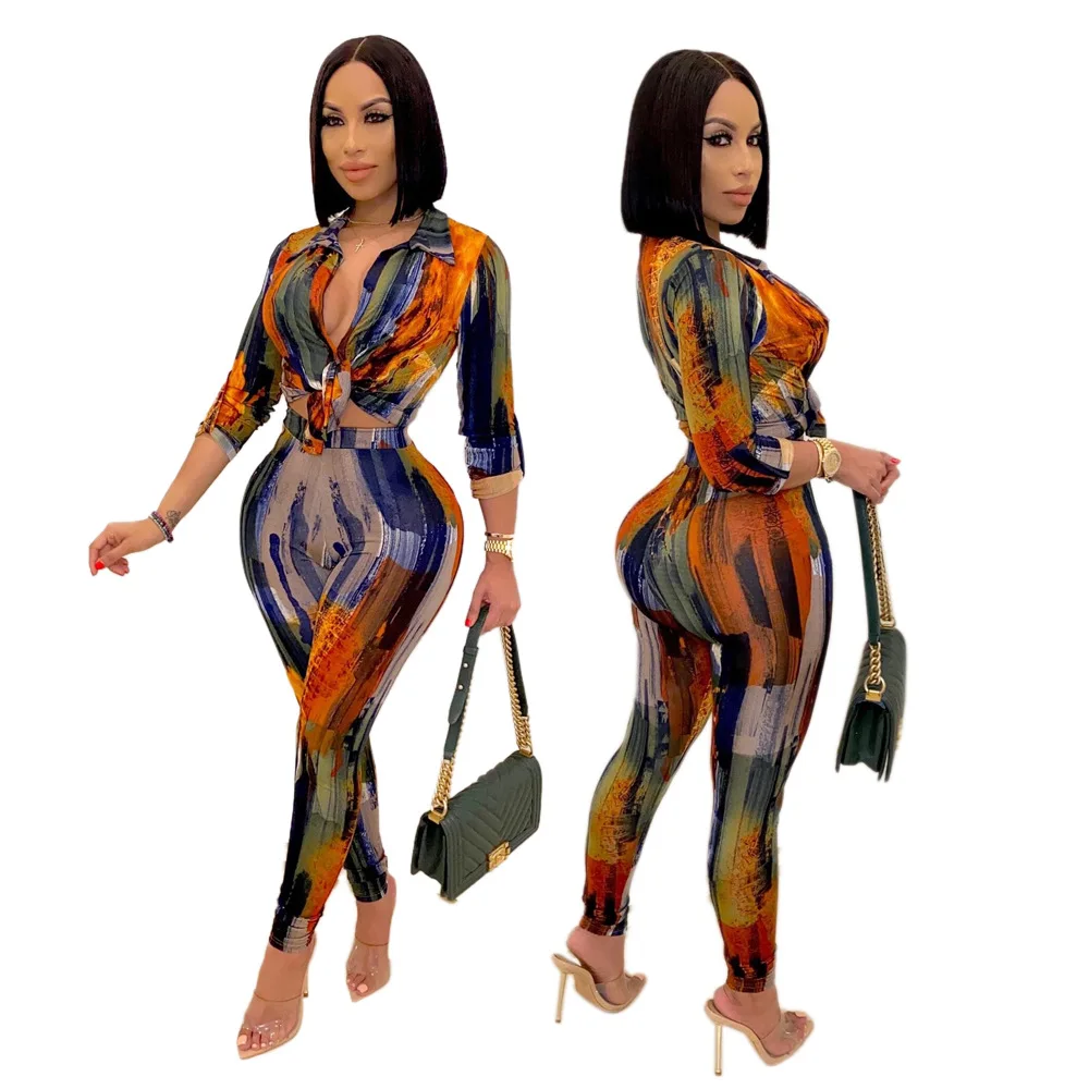 

R507 Latest Lady Long Sleeve Print 2 Peice Fall Sets Lady Suit Pants Two Piece New Arrivals 2021 Designer Women Clothes