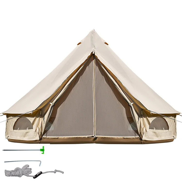 

4-Season Waterproof Cotton Canvas Large Family Camp Beige Color Bell Tent Hunting Wall Tent for 8 people party