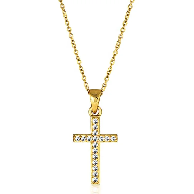 

Newly Design Trendy Stainless Steel Religious Fine Jewelry Minimalist 18k Gold Plated Women CZ Diamond Cross Necklace