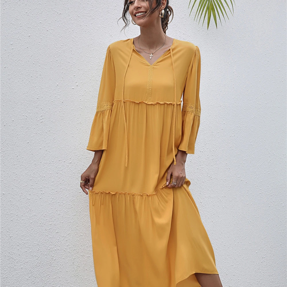 

Factory wholesale casual ruffles yellow long sleeves midi dress Lady's dress, Accept customized color