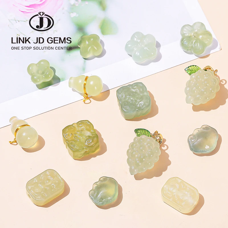 

JD Natural Light Green Jade Carved Animals Shape Wealth Gourd Cat Shape Lucky Lock Cute Charm Beads For Jewelry Making