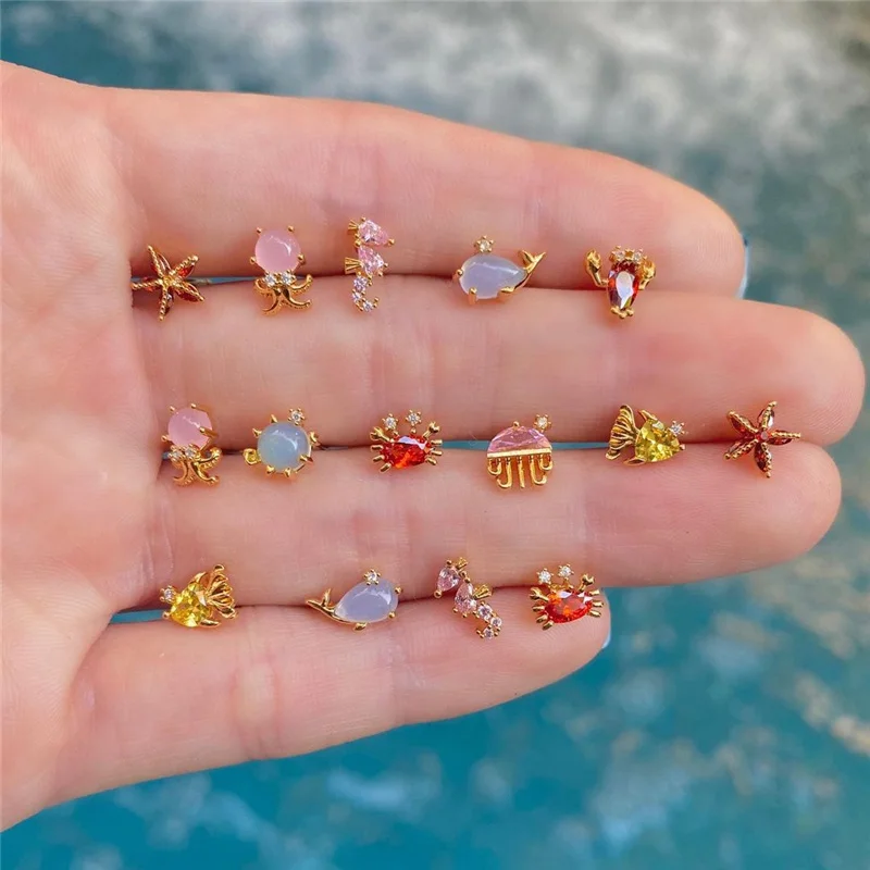 

Fashion Jewelry Delicate Dainty Ocean Animal Small Tiny Cute Rhinestone Crab Starfish Under The Sea Stud Earrings for Women, 9 colors