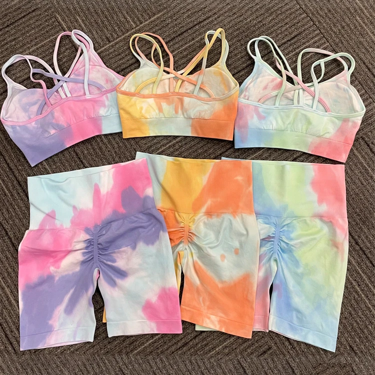 

Women Stretchy Compression Seamless Scrunch Tie Dye Shorts and Bra Set