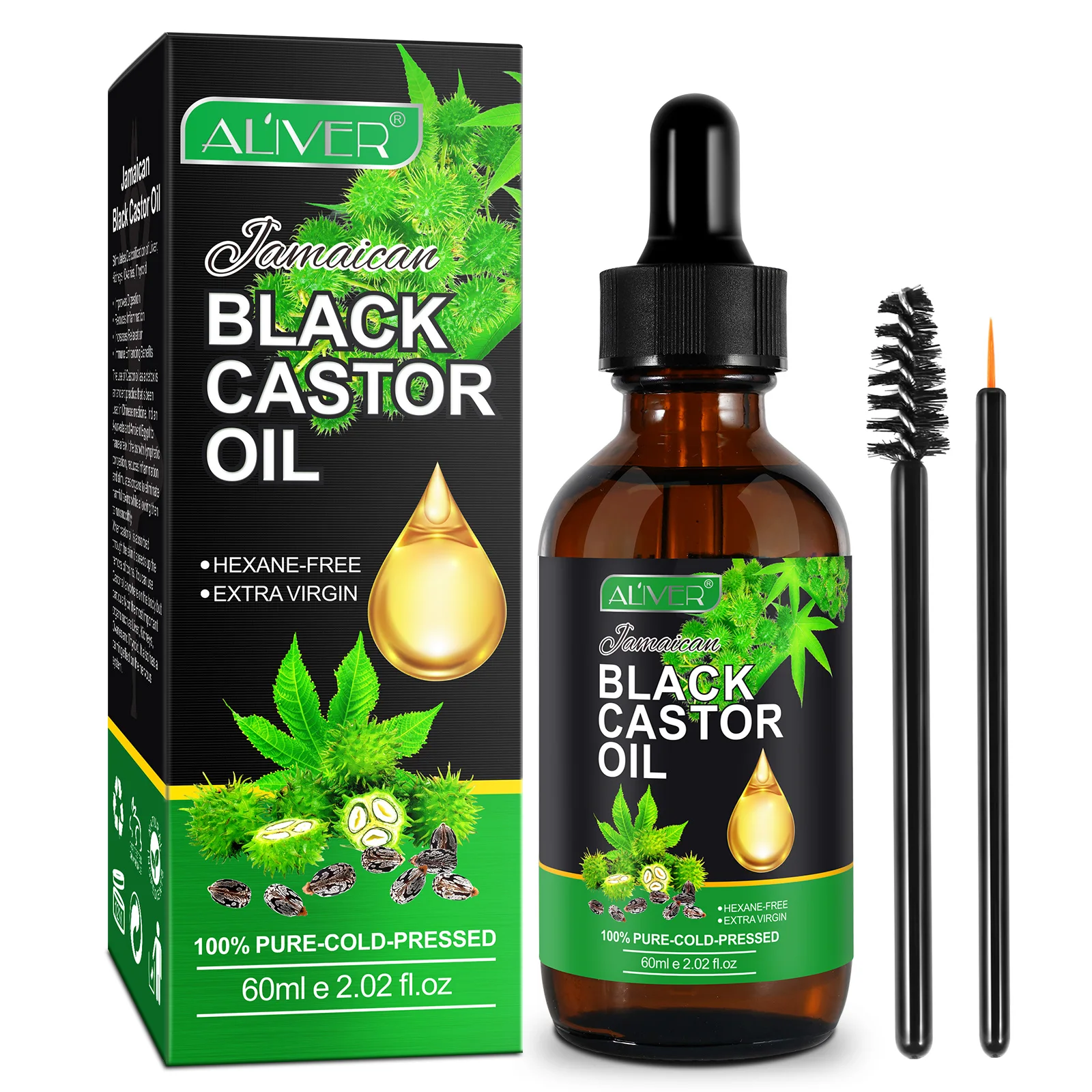 

ALIVER Hot Sale Jamaican Black Castor Oil Private Label 60ml Natural 100% Pure Cold Pressed Castor Oil Body Massage Oils