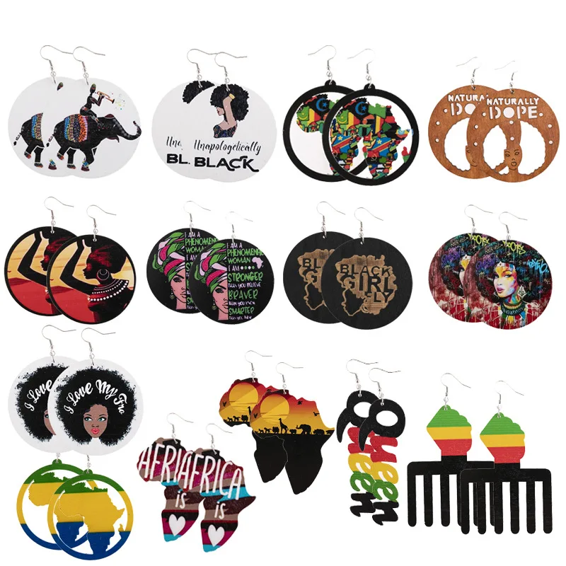 

New Creative Colorful Handmade Ethnic African Map Wooden Earrings Hollow Round Africa Wood Drop Earrings