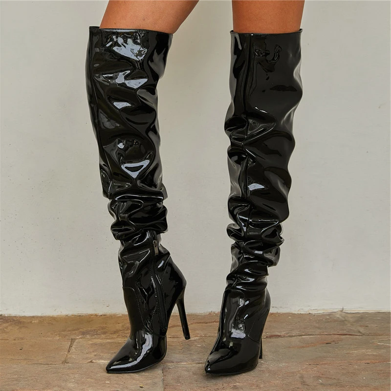 

2022 New NStyle Thigh High Boots Fashion Patent Leather Pointed Toe Zip Female Stiletto Heels Pleated Design Women's Shoes