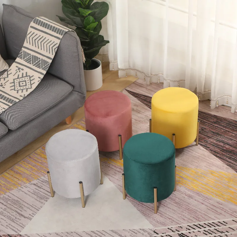 Simple Elegant Ottoman Design Public Chrome Leg Round Shape Velvet Home