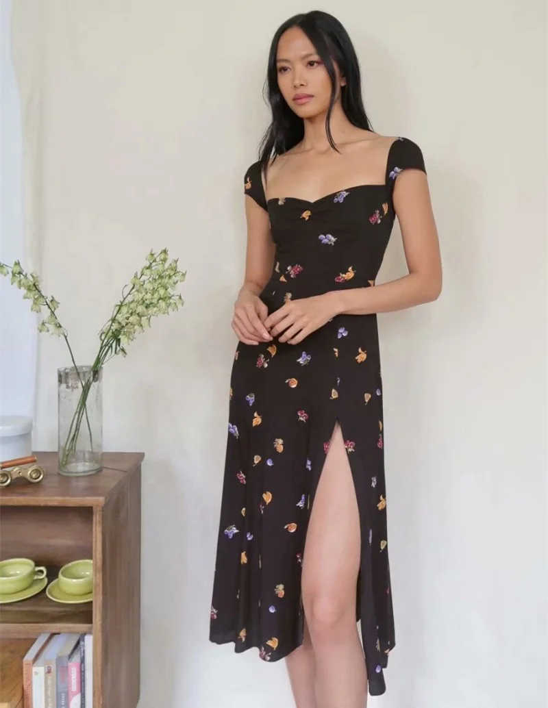 

Ins New Style Hot Sale Summer Fashion Sleeveless Floral print side Split Sexy Dress 2020, Black