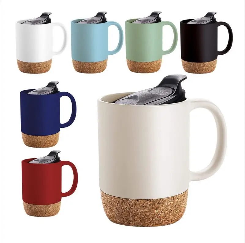 

Wholesale Travel Cork Base Ceramic Coffee Mugs High Quality Porcelain Wooden Base Mugs Cups With Lids and Handle, Black white red blue