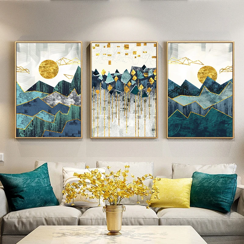 

Nordic Abstract Geometric Mountain Landscape Wall Art Canvas Painting Golden Sun Art Poster Print Wall Picture for Living Room, As photo