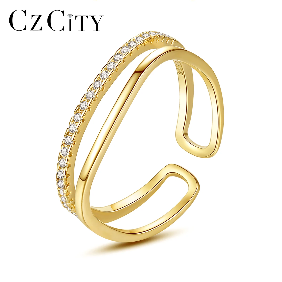 

2021 Trendy Popular Women Jewelry 925 Sterling Silver  Rings Gold Plated CZ Stackable Double Layer Minimalist Ring