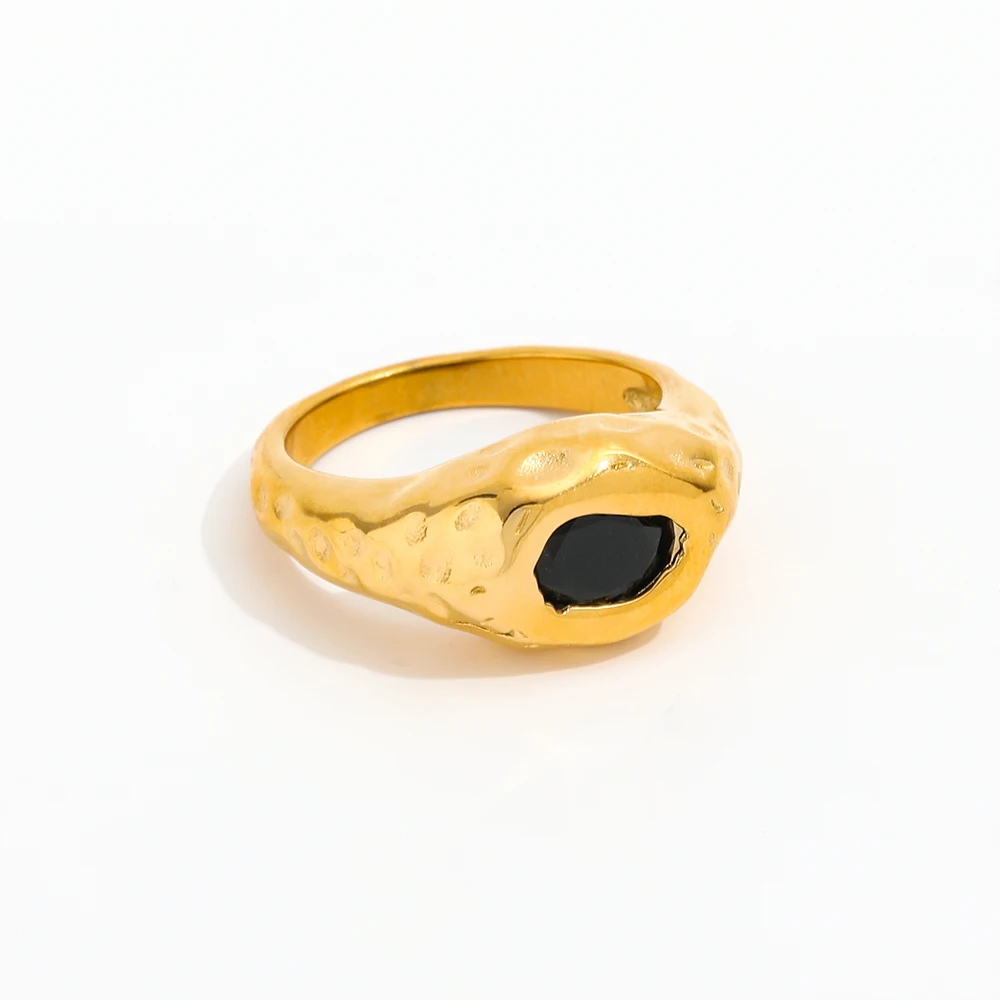 High End 18K Plain Gold Irregular Black Zirconia Chunky Rings Stainless Steel Trendy Simple Gold Plated Jewelry