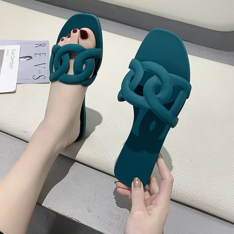 

New arrivals square peep toe women jelly slippers cutout summer casual wear lady flats mules outdoor wear female slides