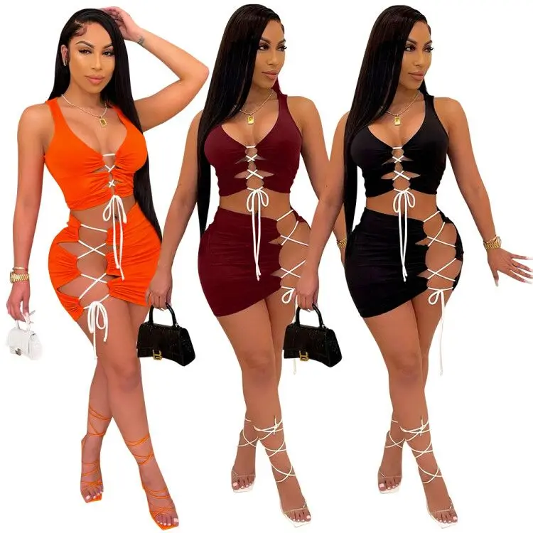 

short summer bandage mini two piece set skirt