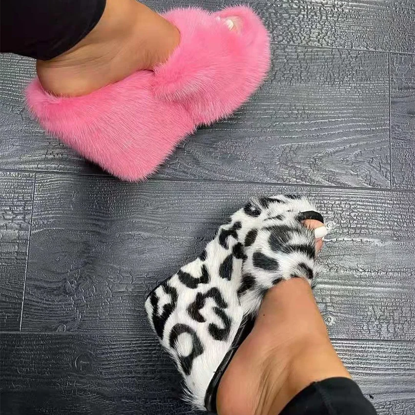 

Fluffy Fur Fashionable Ladies Wedge Heel Sandals Single Band Fur Warm High Heel Mules Open Toe Slides Leopard Print High Heels