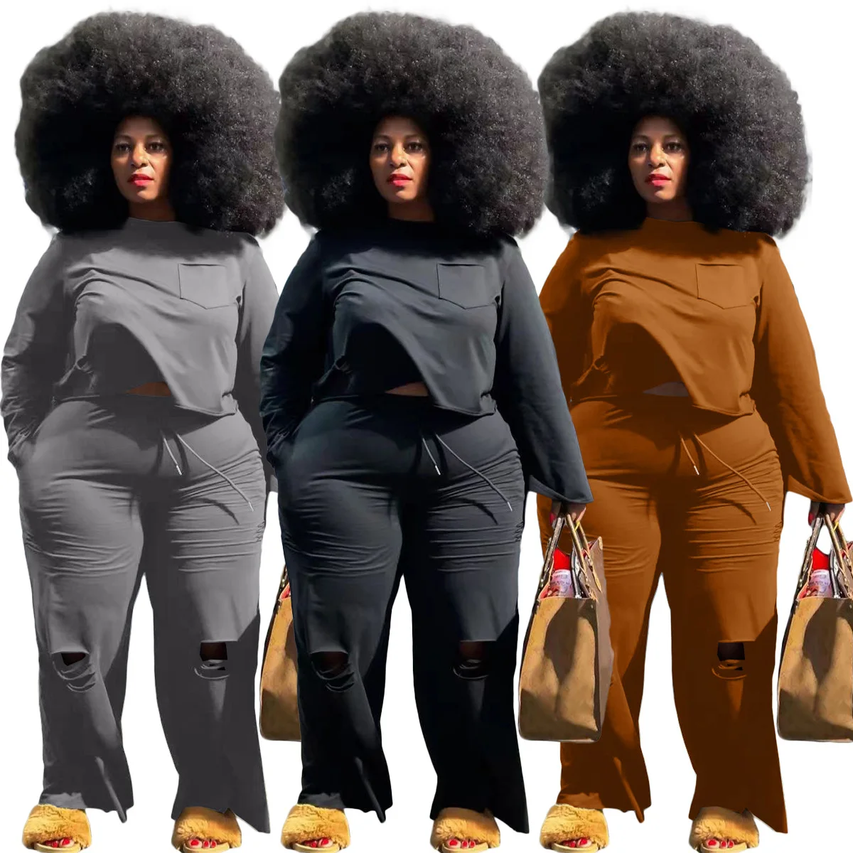 

2021 Winter Clothes Long Sleeves Sweat Suits 2 Piece Outfit Plus Size Pants Set Hollow Out Tracksuit For Women, 4 colors