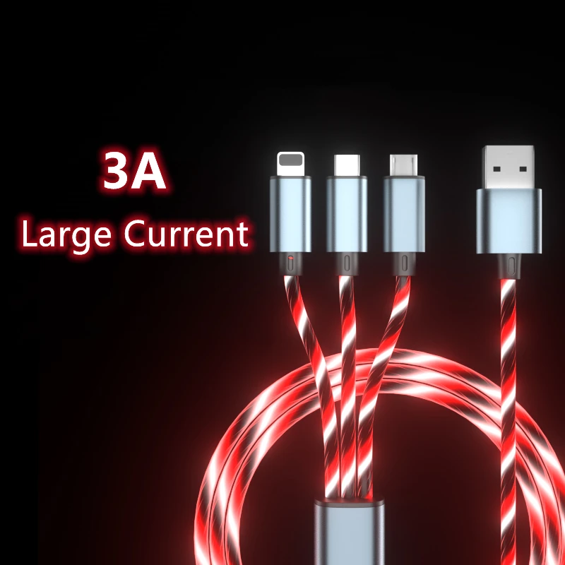 

3L1B 3 In 1 Fast Charging USB Cable Flowing Light Phone Accessories USB Led Lighting Data Cable 3 In 1, Blue, green, red, colorful