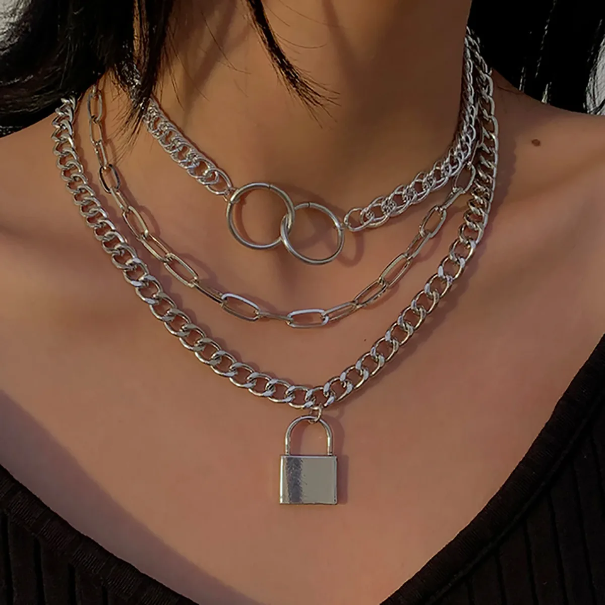 

European and American Fashion Curb Chains Lock Pendant Necklace Chic Hips Hops Multi Layered Chain Necklace for Women Men