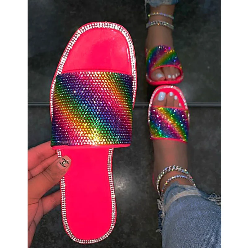 

fashion women flat sandals colorful rainbow rhinestone summer slides lady and women outdoor soft sandals, Black, red, white, yellow