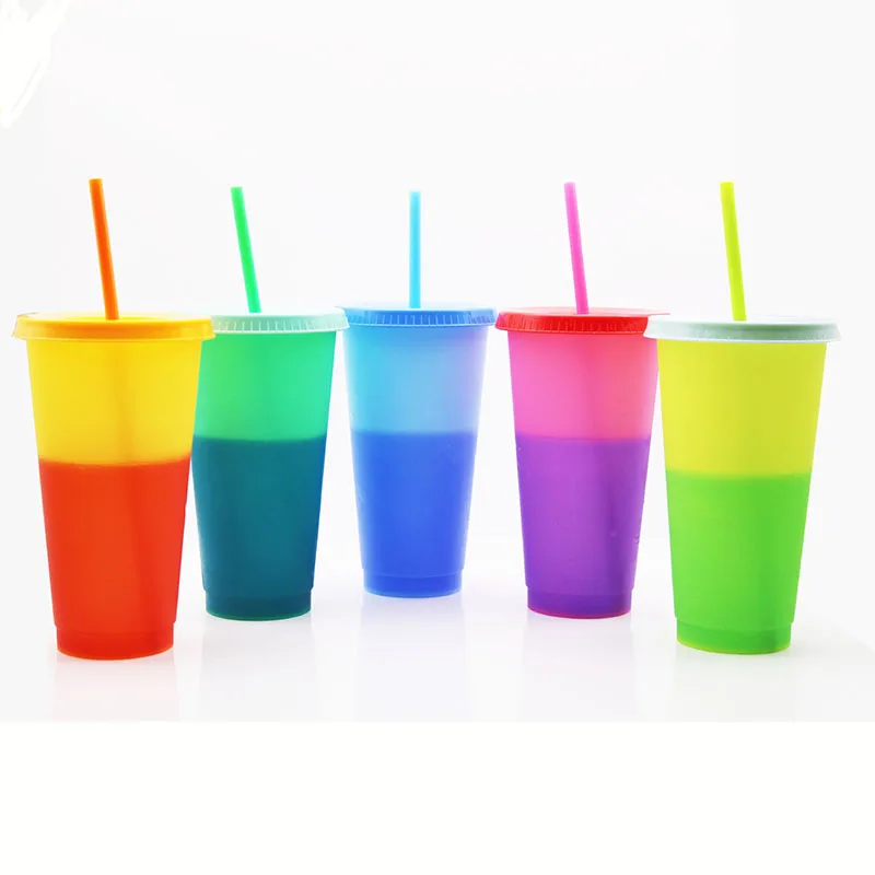 

5PCS/Set 24oz BPA FREE Customized logo Plastic cold coffee color changing cup with lid and straw, White, blue, green, pink, teal,orange