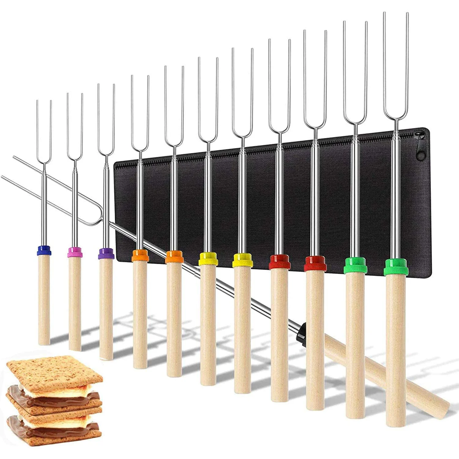 

Amazon Hot Selling 32 Inch Extendable Marshmallow Roasting Sticks Hot Dog Forks Smores Sticks Stainless Steel Skewers, Customizable