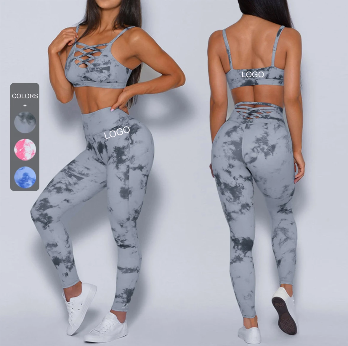 

Sexy Yoga Clothes Athleisure Bandage Tie Dye Activewear Hollow Out Gym Workout Sets For Women, As shown