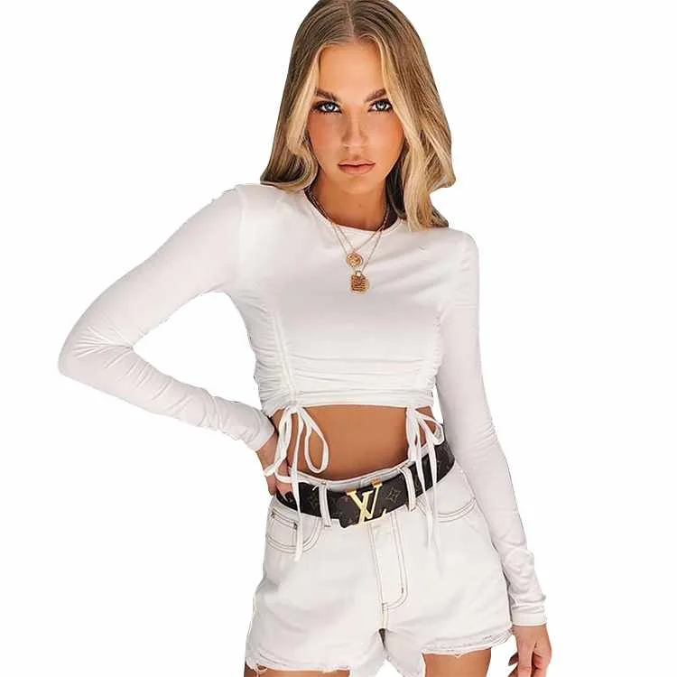 

Women Short Tops Long Sleeve Drawstring T-Shirts Plain Bandage Casual Crop Tops