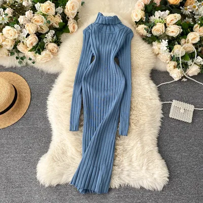 

2021 New Design Women Latest Korean Fashion Long Sleeve Knitted Dress