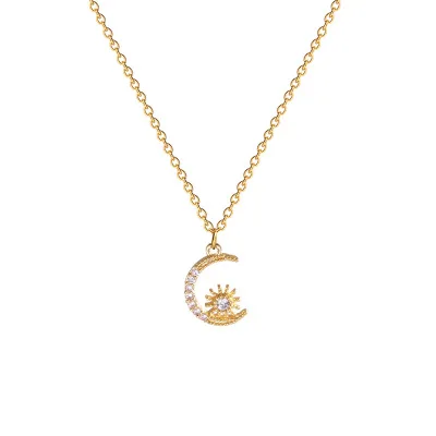 

Exquisite Trendy Fashion 18K Gold Plated Stainless Steel Thin Chain Moon and Star Pendant Necklace for Women Jewelry, Gold color