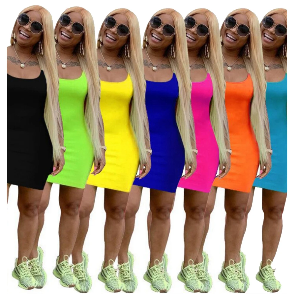 

2021 Sexy Women Cross-Border Solid Color Clothing Suspender Dress Summer Bodycon Dresses Women, 7 color