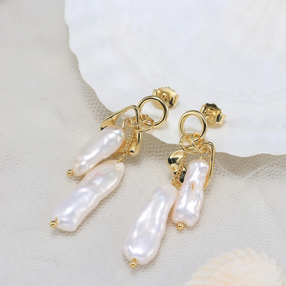 RINNTIN GPE86 14K Gold Plated Luxury Biwa Pearl 925 Sterling Silver Jewelry Natural Irregular Pearl Earring for Women