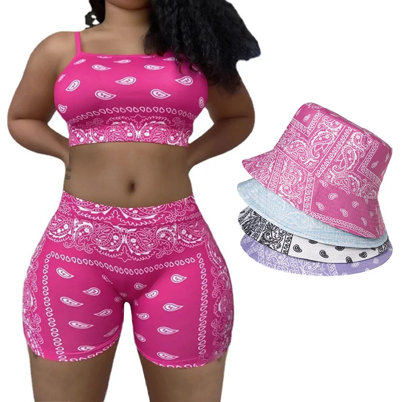 

Sexy Bandana Shorts and Crop Top Hat Set Print Jumpsuits Plus Size Designer Joggers 2 Two Piece Short Set Women