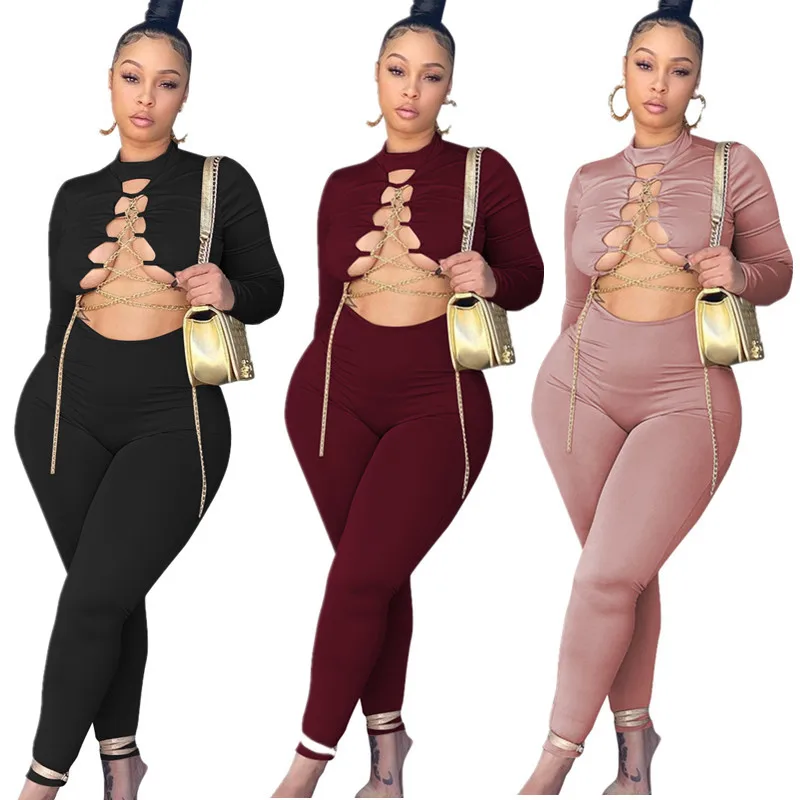 

Fashion Chain Bandage Hollow Out Jumpsuits Sexy Clothes Women Long Sleeve Winter Jumpsuit For Women, Colored