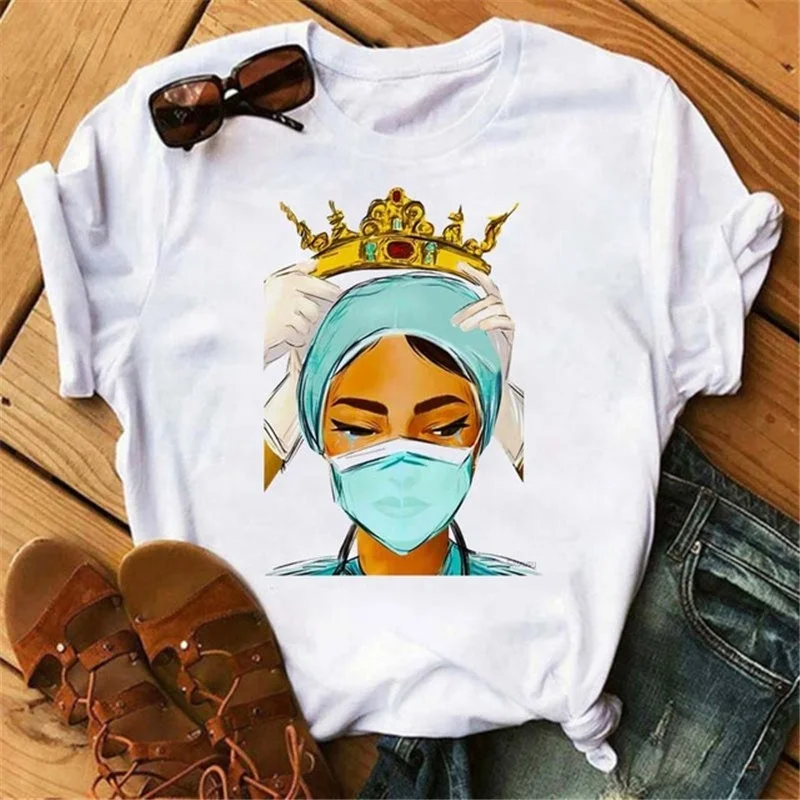 

UP-2021 Nurse Angel T Shirts Women Casual White Nurse Angel Printed T-shirt