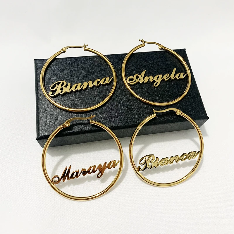 

Chunky Custom Nameplate Hoop Earring Stainless Steel Personalized Name Earrings Hoops Gold Jewelry Women, Silver /gold